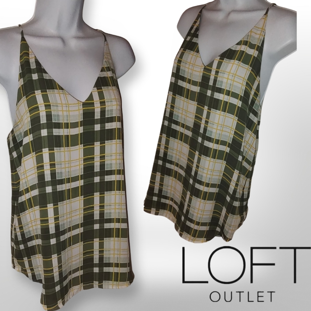 LOFT Outlet Plaid Cami Tank, Size Small, Green White Yellow
